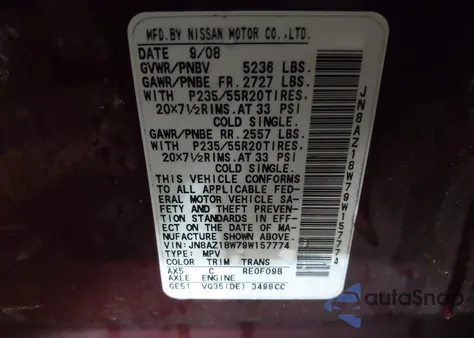 2009 Nissan Murano Le z USA, uszkodzony, nr VIN JN8AZ18W79W157774